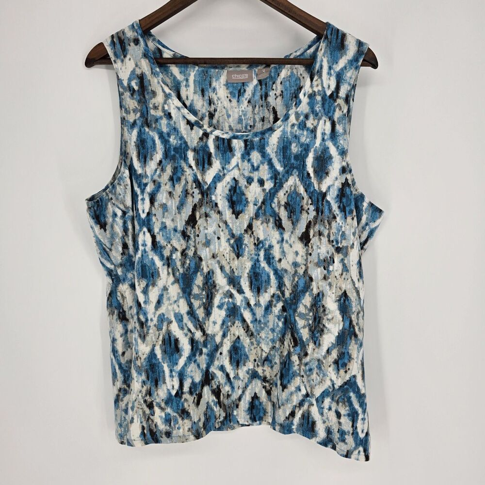 Chicos Linen Blue Ikat Sleeveless Blouse XL